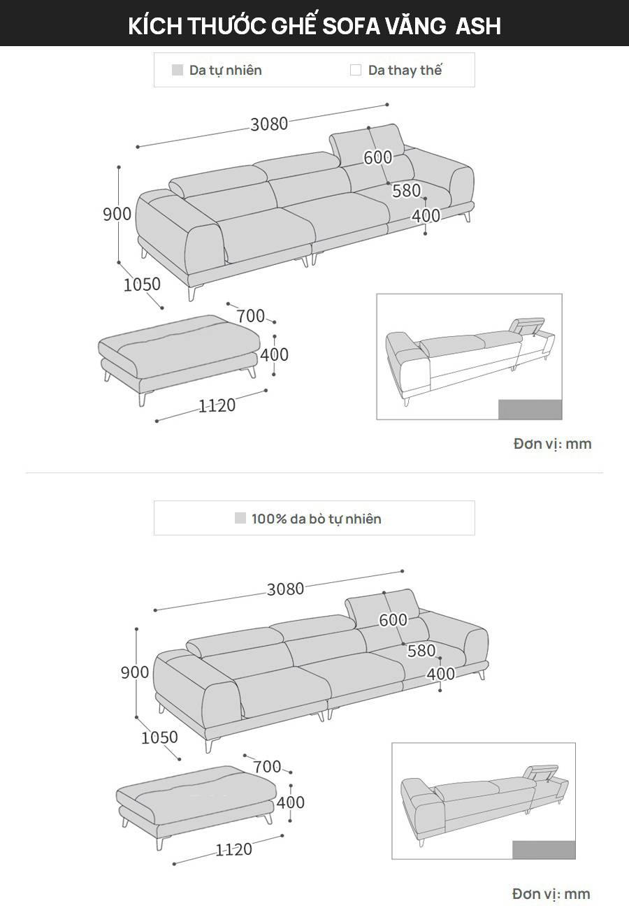 Kích thước cụ thể của bộ sofa văng Ash