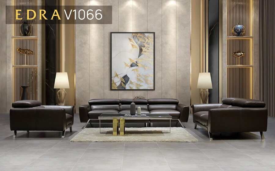 Ghế sofa da V1066 dành cho phòng khách lớn sử dụng chất liệu Da Bò Ý, Đệm Cloud kết hợp lông vũ tự nhiên.