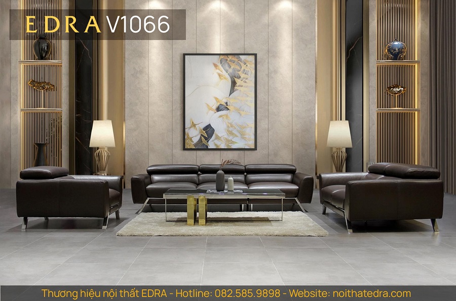 Ghế sofa da V1066 dành cho phòng khách lớn sử dụng chất liệu Da Bò Ý, Đệm Cloud kết hợp lông vũ tự nhiên.