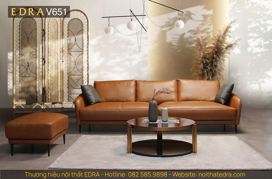 Ghế sofa văng Da Bò Ý V651, gồm 01 văng 2.200 và 01 đôn 500*800