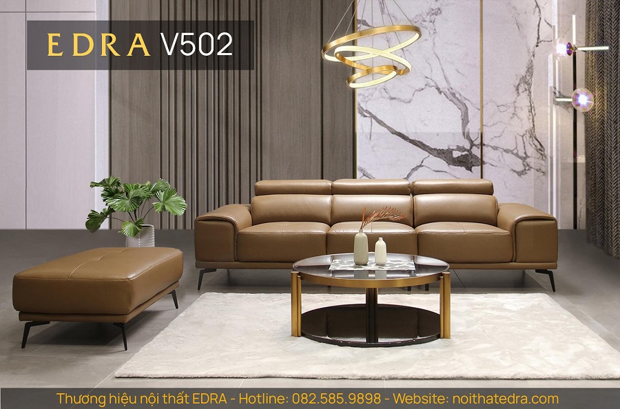 Sofa văng Da Bò màu vàng đất, tay bo mềm mại kích thước văng 2.500*1050 và Đôn 600*900